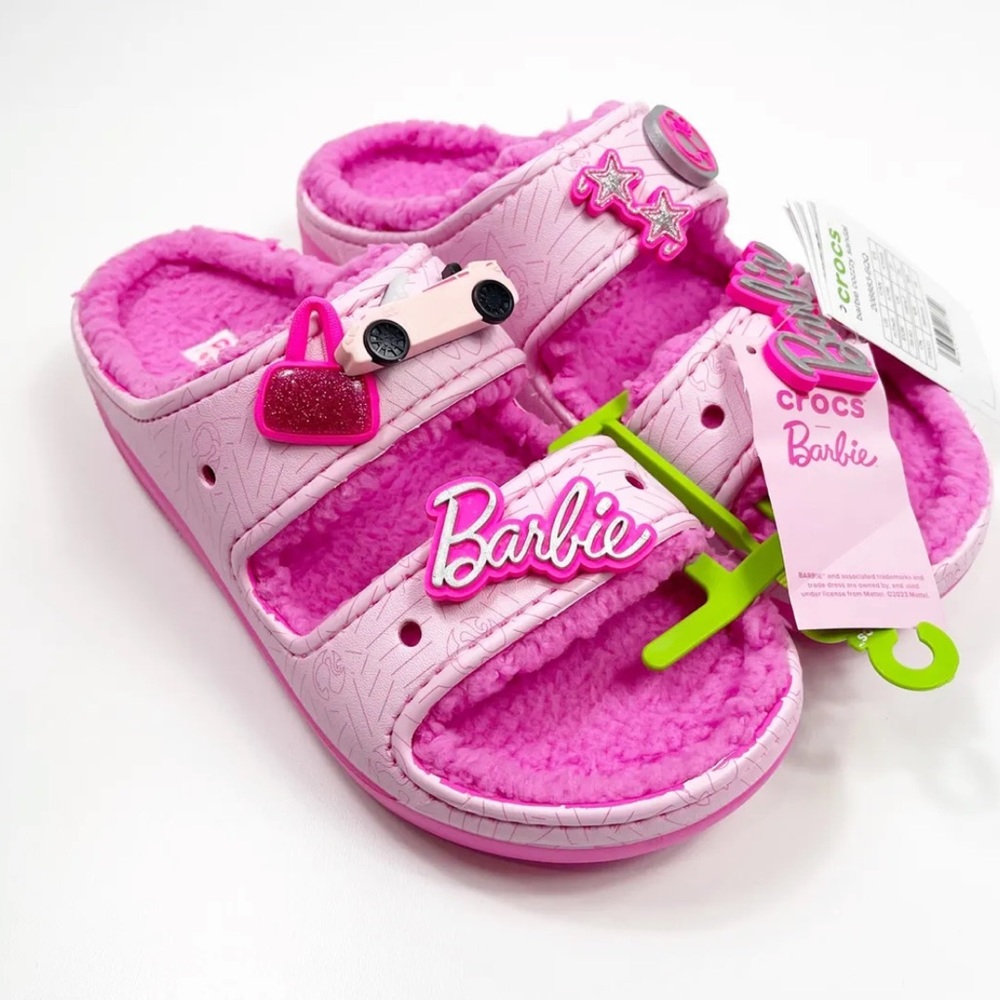 Crocs Barbie Cozzzy Sandal Pink Mattell Size 9 Womens Fur Lined Jibbitz